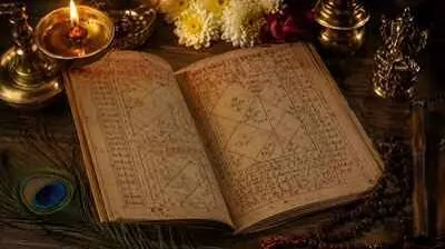 Hindu panchang book with a kundali chart, diya, rudraksha mala and flowers