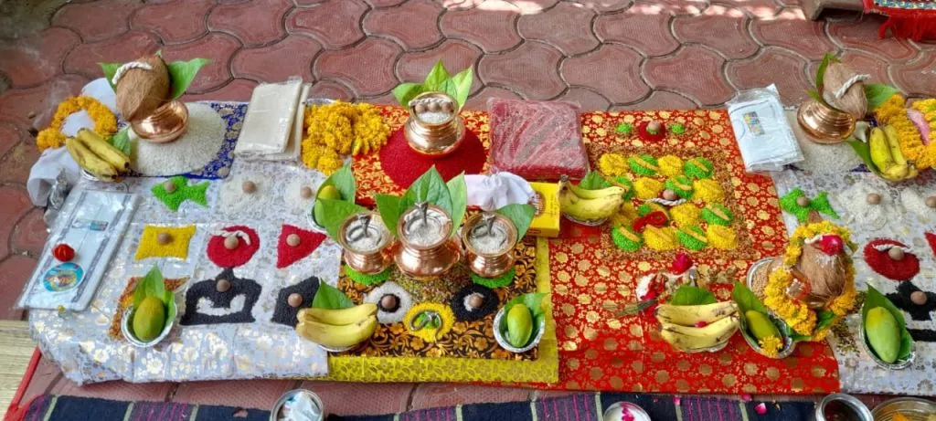 Kaal Sarp Dosh Nivaran Puja mandani at Trimbakeshwar with kalash, rangoli of colored rice, coconut and fruits