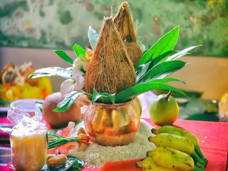 Copper kalash with mango leaves and coconut, worshipped as Lord Vishnu in Kumbh Vivah