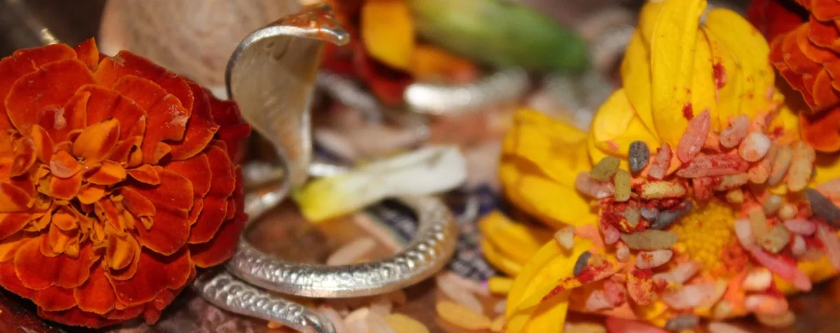 Silver naag pratima with marigold flowers used in Nag Bali puja