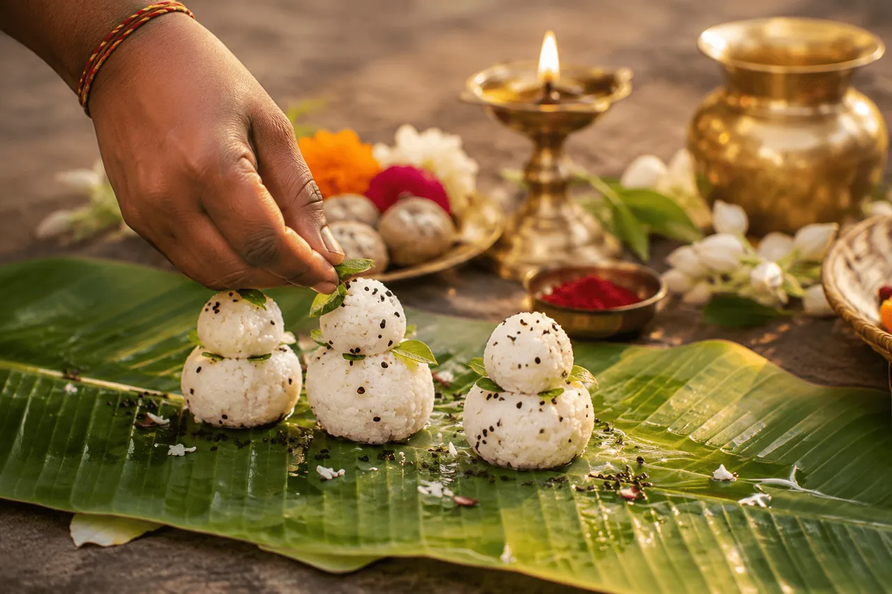 Three white rice pinds with black til on a banana leaf, with a brass lamp and kalash